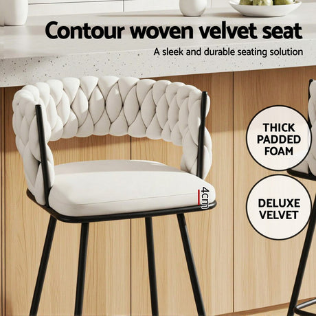 Artiss 2x Bar Stools Kitchen Dining Chair Counter Stool Woven Velvet Metal Ivory