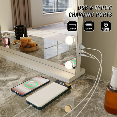 Beauty Mirror with 18 LED Bulbs, Colour Settings, White Frame, and USB A and C Ports