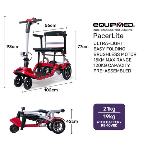 EQUIPMED Ultra-Lightweight Folding Electric Mobility Scooter, 19kg with Battery Removed, 120kg Capacity, Long Range, Brushless Motor, Portable, Red