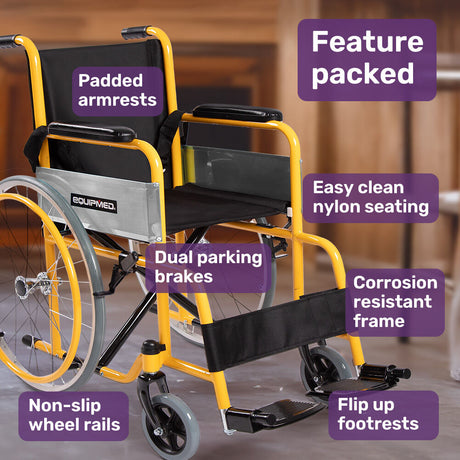 EQUIPMED Kids Paediatric Wheelchair, 100kg Rated, 110-140cm Rider Height, Quick Folding, Adjustable Footrests, 22