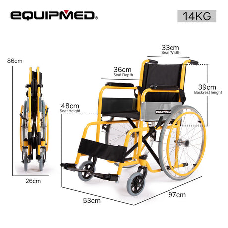 EQUIPMED Kids Paediatric Wheelchair, 100kg Rated, 110-140cm Rider Height, Quick Folding, Adjustable Footrests, 22
