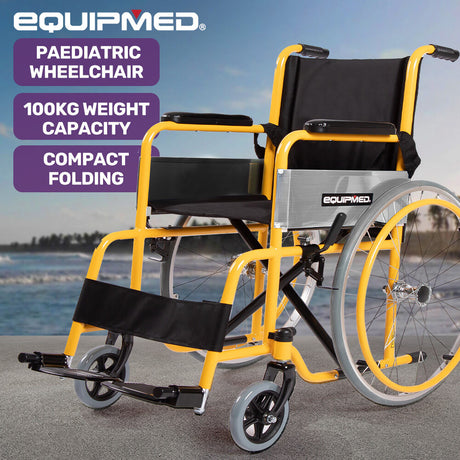 EQUIPMED Kids Paediatric Wheelchair, 100kg Rated, 110-140cm Rider Height, Quick Folding, Adjustable Footrests, 22