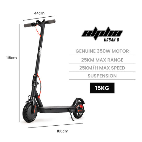 ALPHA Urban 8 Electric Scooter, Suspension, 25km Range, 8.5-Inch Wheels, Brushless Motor, Motorised Commuter eScooter for Adults, Black