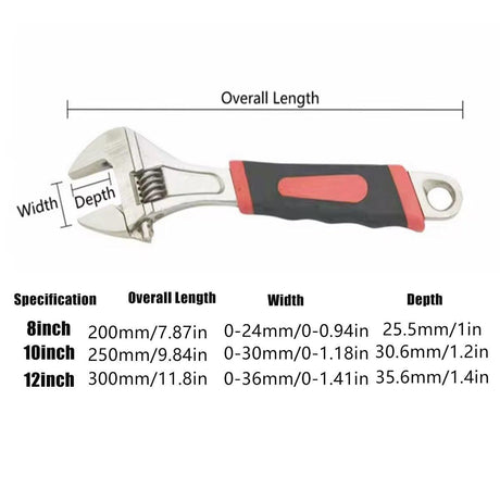 8inch 10inch 12inch Durable Chrome Vanadium Steel Rubberized Grip Adjustable Wrench - 12inch