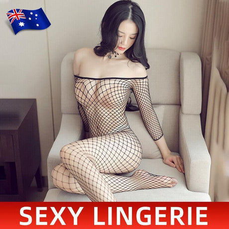 Alluring Lingerie Nightwear Women Open Crotch Fishnet Body Stocking Bodysuit Black