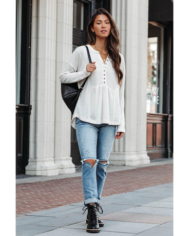 Azura Exchange Waffle Knit Half Button Henley Top