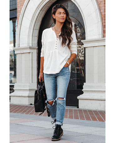 Azura Exchange Waffle Knit Half Button Henley Top
