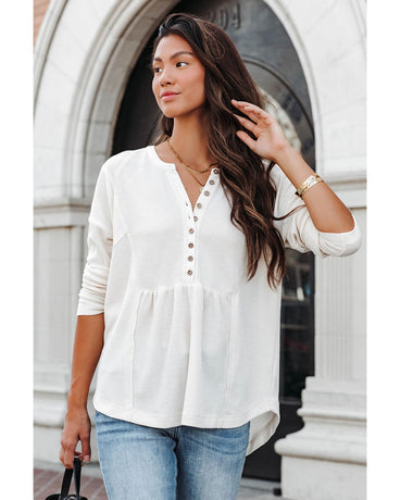 Azura Exchange Waffle Knit Half Button Henley Top