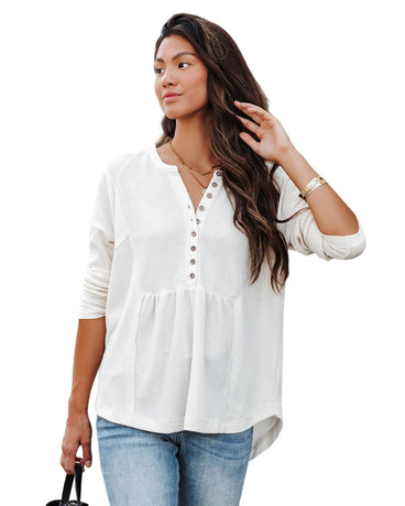 Azura Exchange Waffle Knit Half Button Henley Top