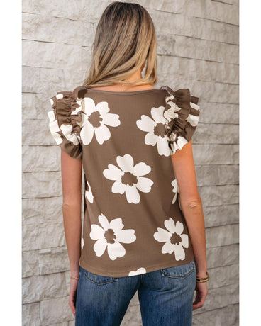 Brown Floral Textured Ruffled Short Sleeve Square Neck Blouse