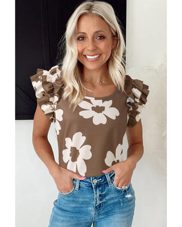 Brown Floral Textured Ruffled Short Sleeve Square Neck Blouse