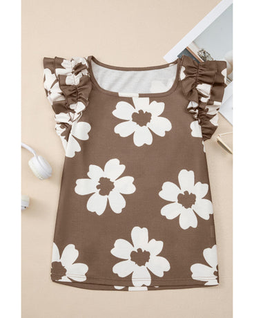Brown Floral Textured Ruffled Short Sleeve Square Neck Blouse