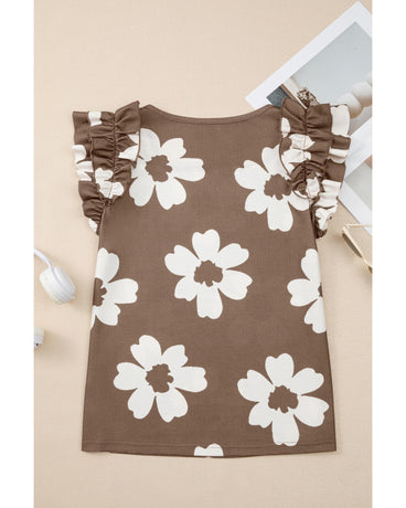 Brown Floral Textured Ruffled Short Sleeve Square Neck Blouse