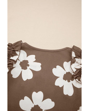 Brown Floral Textured Ruffled Short Sleeve Square Neck Blouse