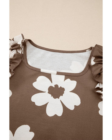 Brown Floral Textured Ruffled Short Sleeve Square Neck Blouse
