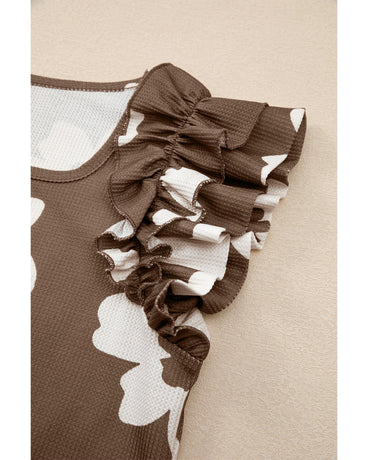 Brown Floral Textured Ruffled Short Sleeve Square Neck Blouse