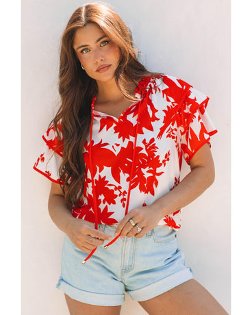 Red Plant Print Tiered Ruffled Sleeve V Neck Blouse - L