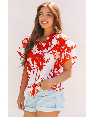 Red Plant Print Tiered Ruffled Sleeve V Neck Blouse - L