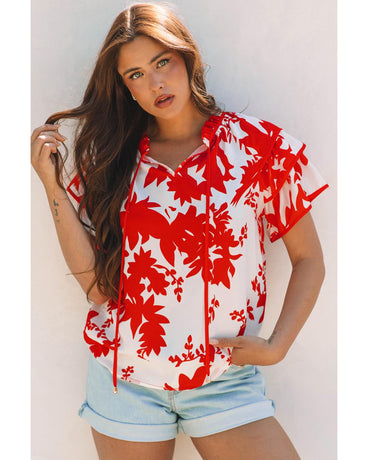 Red Plant Print Tiered Ruffled Sleeve V Neck Blouse - L