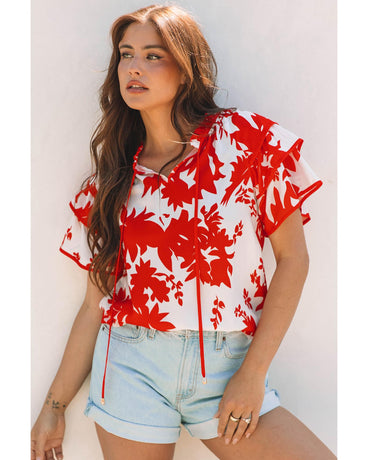 Red Plant Print Tiered Ruffled Sleeve V Neck Blouse - L