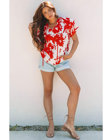 Red Plant Print Tiered Ruffled Sleeve V Neck Blouse - L
