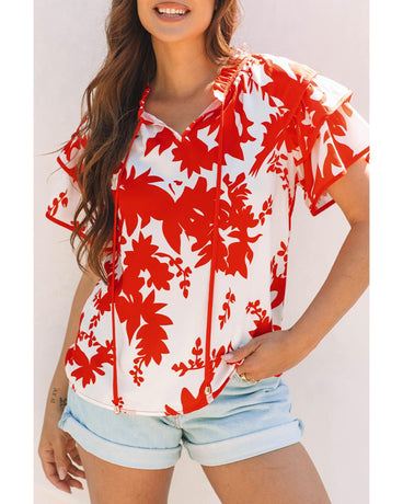 Red Plant Print Tiered Ruffled Sleeve V Neck Blouse - L