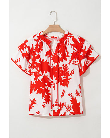 Red Plant Print Tiered Ruffled Sleeve V Neck Blouse - L