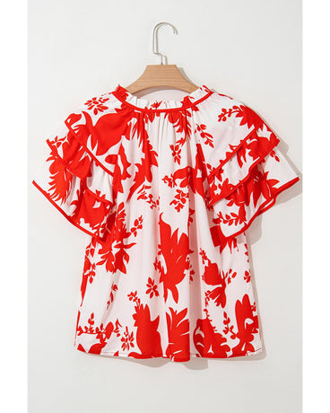Red Plant Print Tiered Ruffled Sleeve V Neck Blouse - L