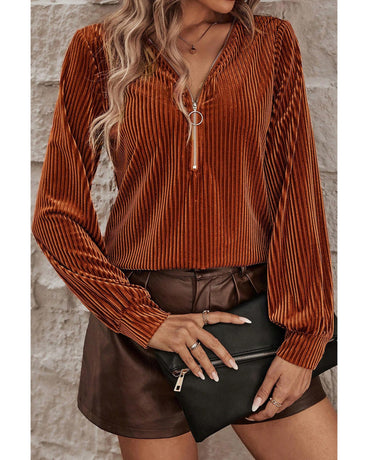 Chestnut Half Zip V Neck Ribbed Velvet Top - S