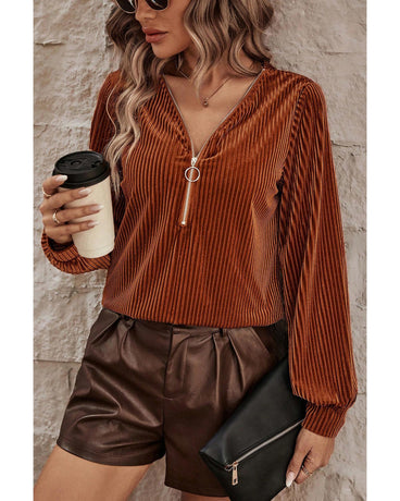 Chestnut Half Zip V Neck Ribbed Velvet Top - S