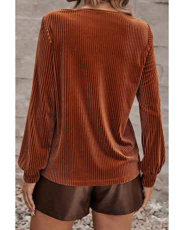 Chestnut Half Zip V Neck Ribbed Velvet Top - S