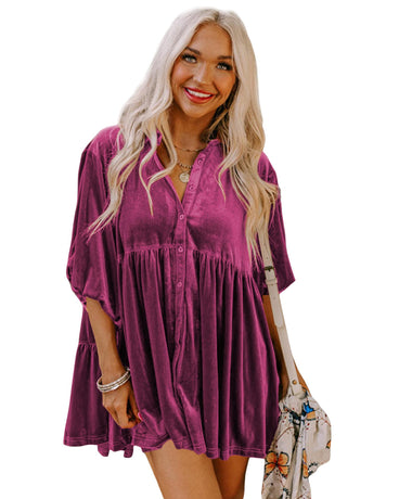 Azura Exchange Pitaya Pink 3/4 Sleeve Tunic Babydoll Velvet Shirt - M