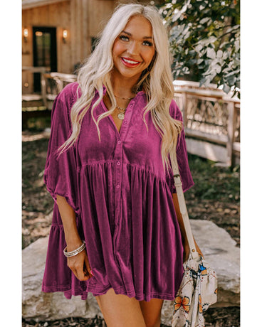 Azura Exchange Pitaya Pink 3/4 Sleeve Tunic Babydoll Velvet Shirt - M