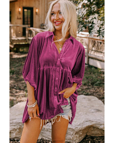 Azura Exchange Pitaya Pink 3/4 Sleeve Tunic Babydoll Velvet Shirt - M