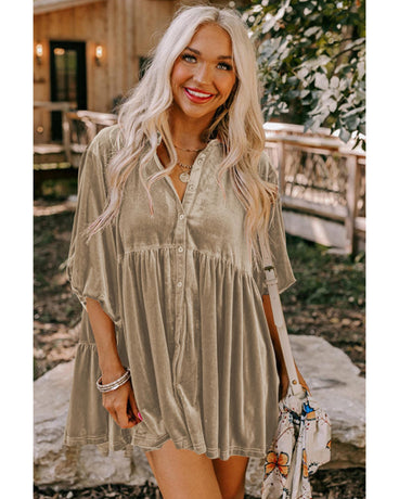 Azura Exchange Pale Khaki 3/4 Sleeve Tunic Babydoll Velvet Shirt - L