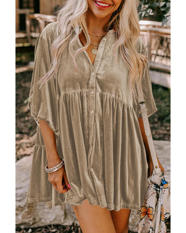 Azura Exchange Pale Khaki 3/4 Sleeve Tunic Babydoll Velvet Shirt - M