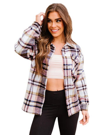 Azura Exchange Pink Geometric Plaid Print Pocketed Shacket - L