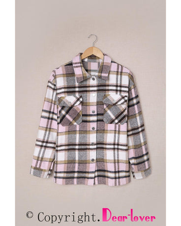 Azura Exchange Pink Geometric Plaid Print Pocketed Shacket - L