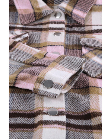 Azura Exchange Pink Geometric Plaid Print Pocketed Shacket - L