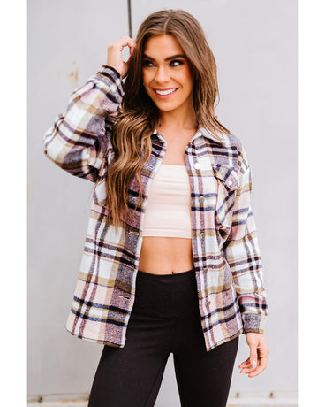 Azura Exchange Pink Geometric Plaid Print Pocketed Shacket - L