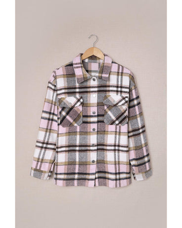 Azura Exchange Pink Geometric Plaid Print Pocketed Shacket - S