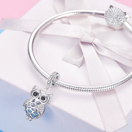 925 Sterling Silver Blue Zircon Owl Pendant For Diy Bracelets Movable Style - Pendant