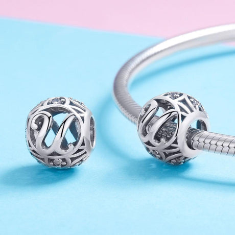 925 Sterling Silver Personalized Letter Beads For Diy Bracelets & Necklaces Style - U