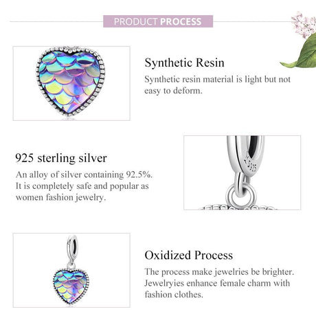 925 Sterling Silver Fish Scale Heart Pendant For Diy Bracelets & Necklaces