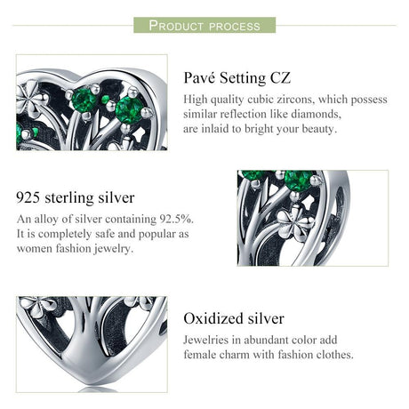 925 Sterling Silver Tree Of Life Heart Bracelet & Clear Beads