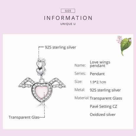 925 Sterling Silver Heart Wing Pendant For Diy Bracelets & Necklaces