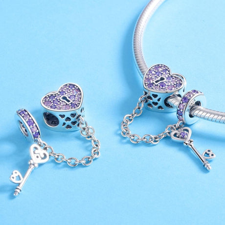 925 Sterling Silver Heart Key Safety Chain For Accessories