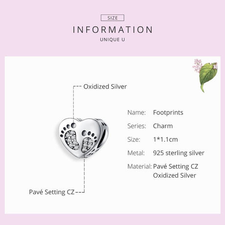 925 Sterling Silver Heart Footprint Beads For Diy Bracelets