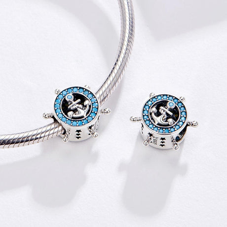 925 Sterling Silver Diy Boat Rudder Bracelet & Blue Beads