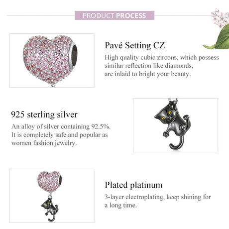 925 Sterling Silver Heart Cat Pendant For Diy Bracelets & Necklaces